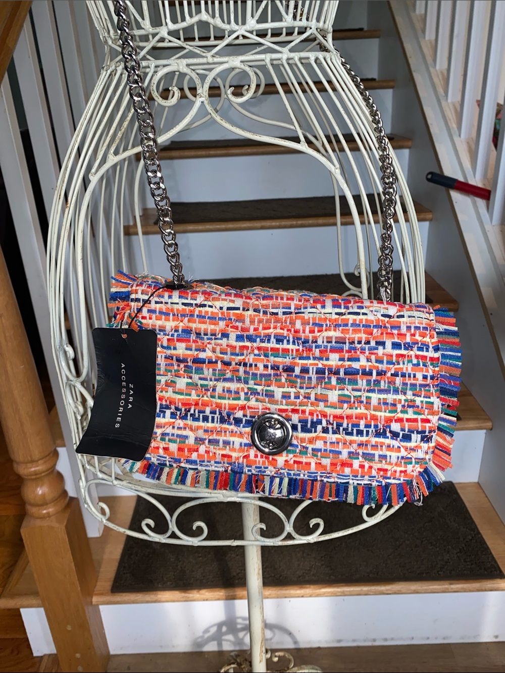 Zara Multicolor Woven Fringe Crossbody Bag with Chain Strap